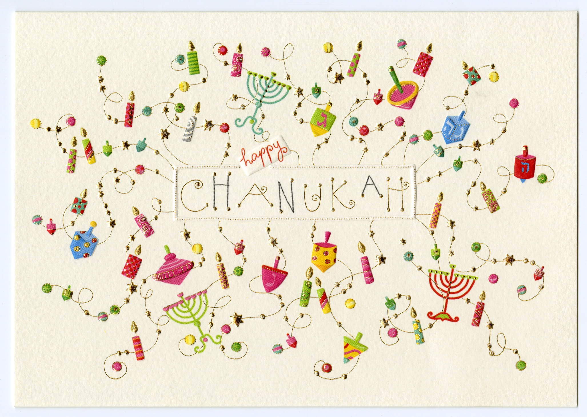 Postkarte mit der Aufschrift "happy Chanukah" und festlichen Symbolen